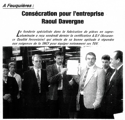 Article dont le titre est : Consécration pour l'entreprise Raoul Davergne