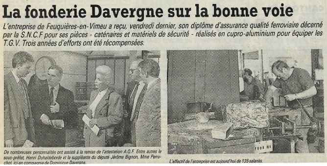 Article dont le titre est : La fonderie Davergne sur la bonne voie