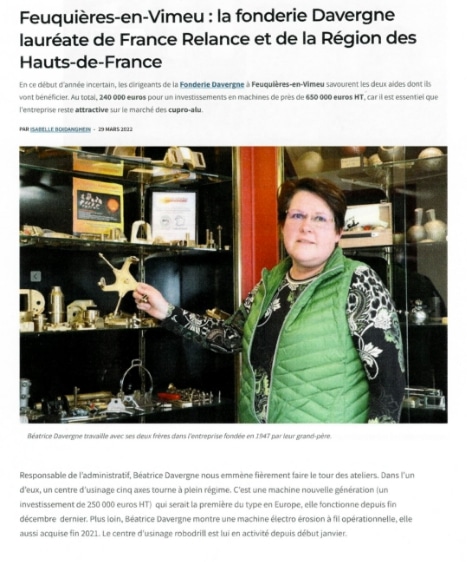 Article dont le titre est : Feuquières-en-Vimeu : la fonderie Davergne lauréate de France Relance et de la région des Hauts-de-France