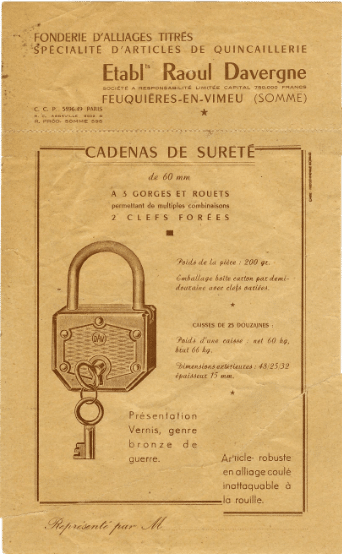 Publicité pour un cadenas des Etablissements Raoul Davergne