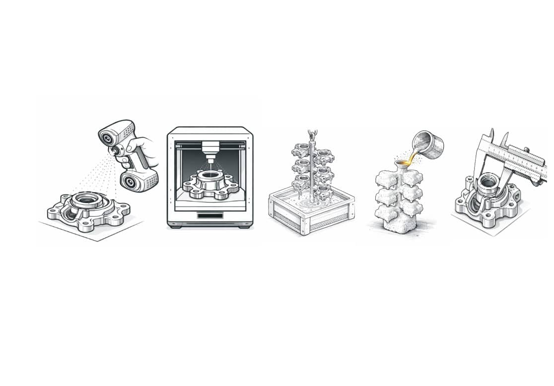 Illustration des 5 étapes de fabrication en cire perdue : scan de la pièce, impression 3D cire, fabrication du moule, coulée du métal, finition et contrôle