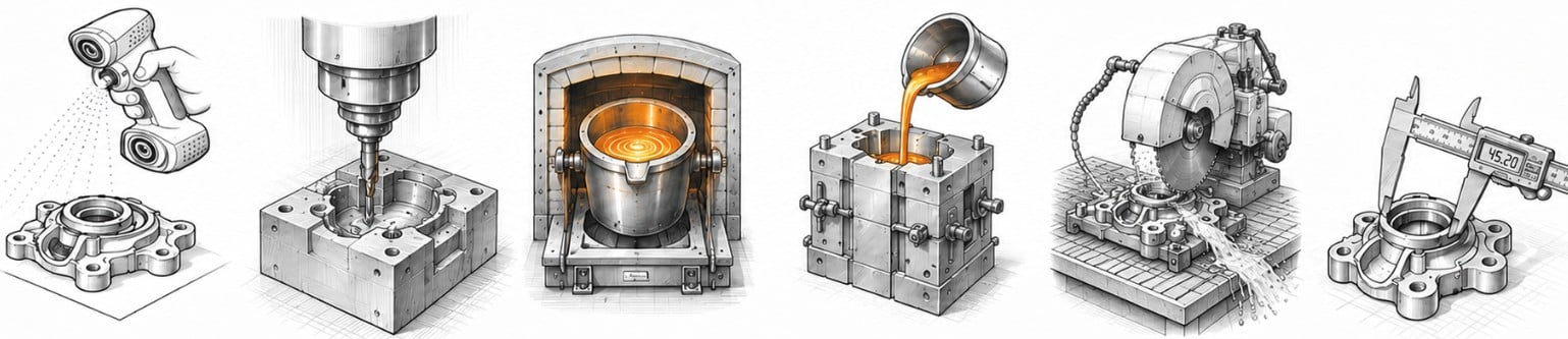 Illustration du procédé de moulage gravitaire coquille en cupro-aluminium : étude, préparation de la coquille, fusion, coulée, finition et contrôle